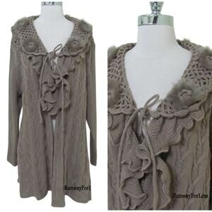 New L&B Women PL Petite Large Brown Crochet Faux Fur Cardigan Duster Sweater